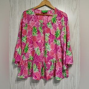 Cappagallo Pink Pineapple Print Tunic Top Size L EUC